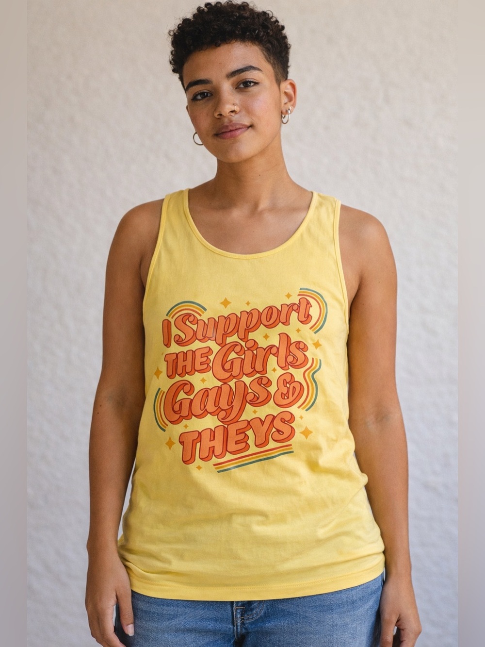 I Support The Girls Gays Theys Yellow Tank Top Comfort Colors Size 2XL